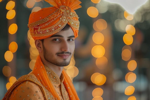 Imagem gerada por IA de um príncipe indiano vestindo roupas tradicionais laranjas