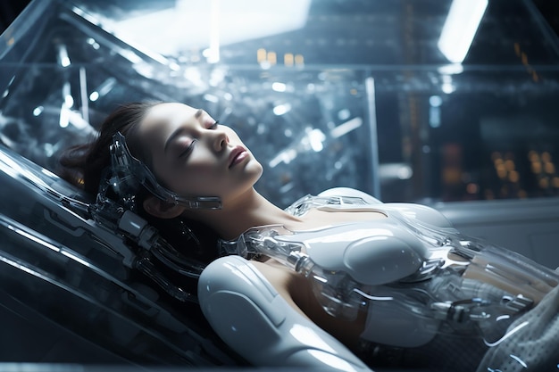 Imagem gerada por IA de um robô ciborgue futurista em forma de mulher asiática dormindo em laboratório