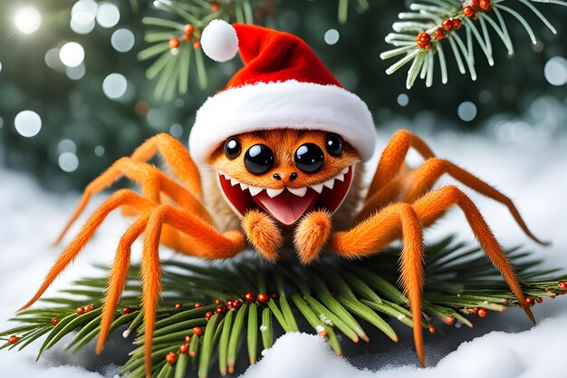 Foto imagem gerada por ia de uma aranha de desenho animado sorrindo como a boca humana e usando um boné de meia de papai noel