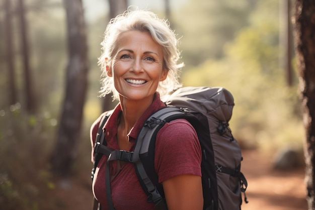 Imagem gerada por IA de uma atraente mulher sênior madura em caminhada Foto de alta qualidade