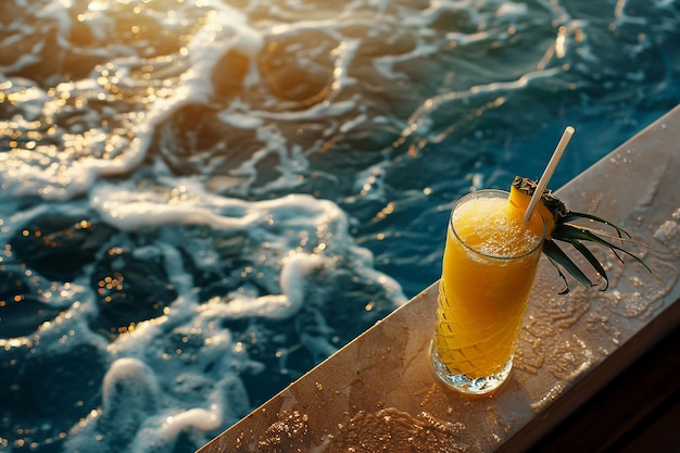 Imagem gerada por IA de uma bebida de suco de abacaxi na piscina no verão