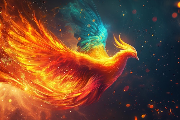Imagem gerada por IA de uma bela ave fênix com asas de fogo voando no céu noturno