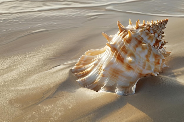 Imagem gerada por IA de uma bela concha marinha na areia da praia com ondas de água