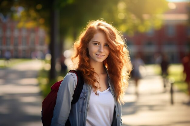 Imagem gerada por IA de uma estudante no campus da escola Foto de alta qualidade