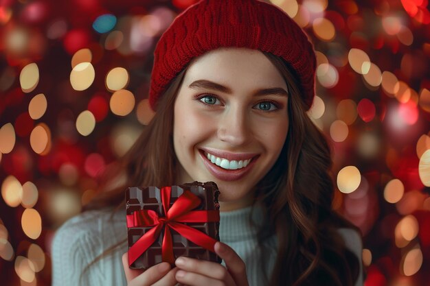 Imagem gerada por IA de uma garota bonita segurando uma barra de chocolate como presente com expressão de sorriso