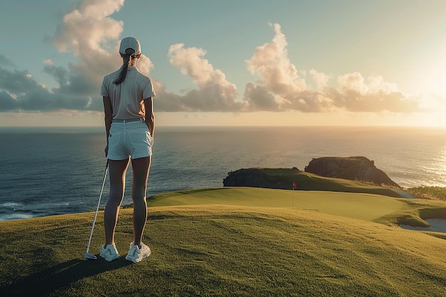 Imagem gerada por IA de uma jogadora de golfe de pé em um penhasco com vista para o mar pela manhã