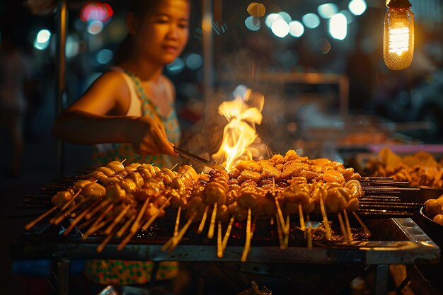 Imagem gerada por IA de uma mulher grelhando frango Satay em uma churrasqueira à noite