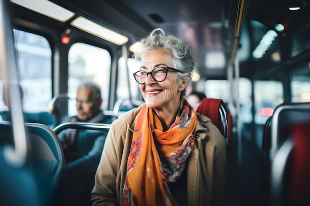 Imagem gerada por IA de uma mulher idosa madura no ônibus Foto de alta qualidade