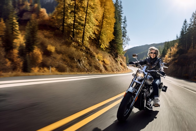 Imagem gerada por IA de uma mulher sênior madura em uma motocicleta Foto de alta qualidade