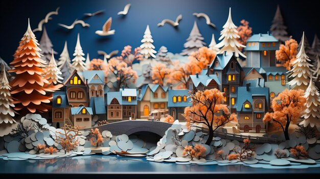 Imagem gerada por IA de uma paisagem de inverno em estilo quilling de papel origami