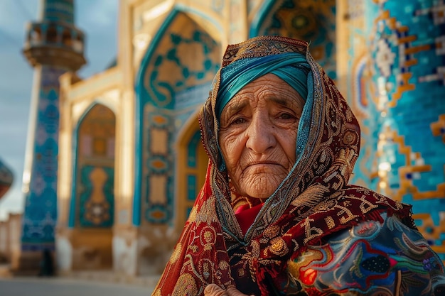 Imagem gerada por IA de uma velhota iraniana usando lenço de cabeça em frente a um edifício de luxo