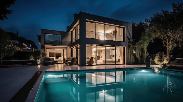 Imagem gerada por IA de uma villa de luxo com piscina durante a hora azul