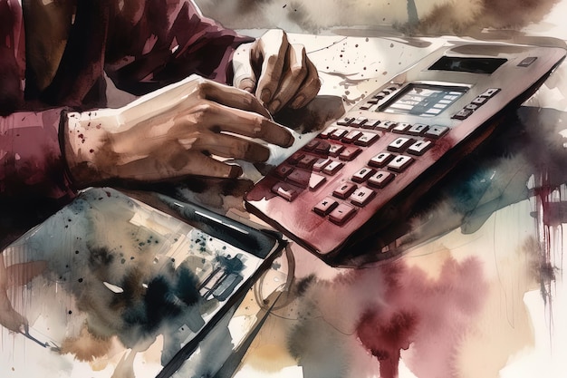 Imagem gerada por IA Desenho a tinta de uma pessoa fazendo contabilidade com uma calculadora