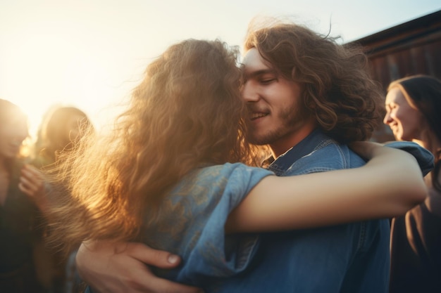 Imagem gerada por IA Jovem com cabelo longo dançando e abraçando com sua namorada ao ar livre