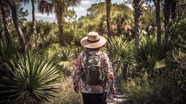 Imagem gerada por IA Visão traseira da turista ruiva com mochila e chapéu explorando a selva