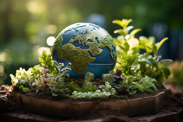 Imagem geradora de IA do Dia Mundial de Educação Ambiental com o Globo da Terra e Plantas Verdes