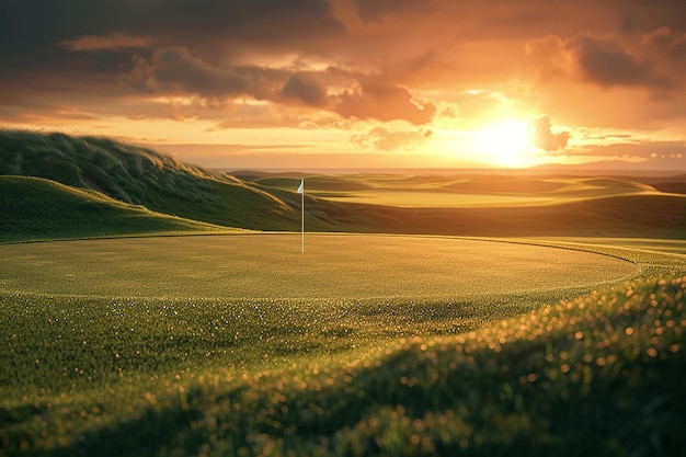 Imagem gerativa de IA da natureza Vista do campo verde para golfe ao pôr do sol
