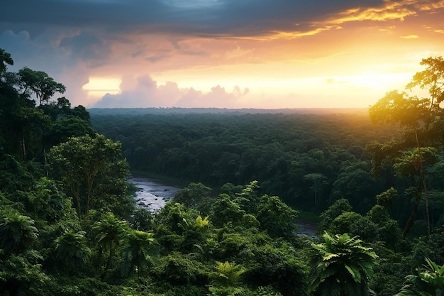 Foto imagem gerativa de ia de paisagem natural com árvores verdes exuberantes na floresta amazônica ao pôr do sol