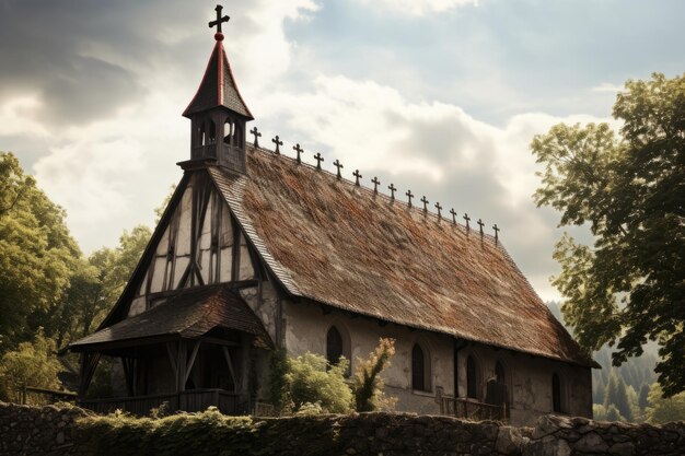 Imagem gloriosa de uma igreja medieval abraçando sua fé com um telhado transversal