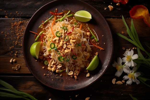 Imagem gourmet de Pad Thai fresco em um prato rústico sob iluminação quente em uma cozinha tradicional tailandesa