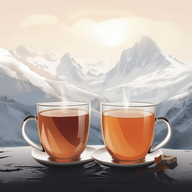 Imagem gráfica de duas xícaras de chá contra o fundo das montanhas