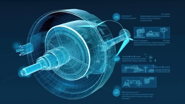 Imagem gráfica do motor rotativo e diagrama de produção e uso de energia no fundo azul sus