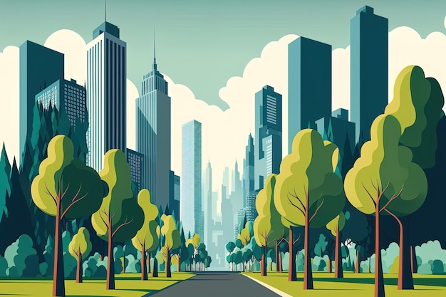 Imagem gráfica vertical de um lindo horizonte urbano de parque urbano com arranha-céus arranha-céus