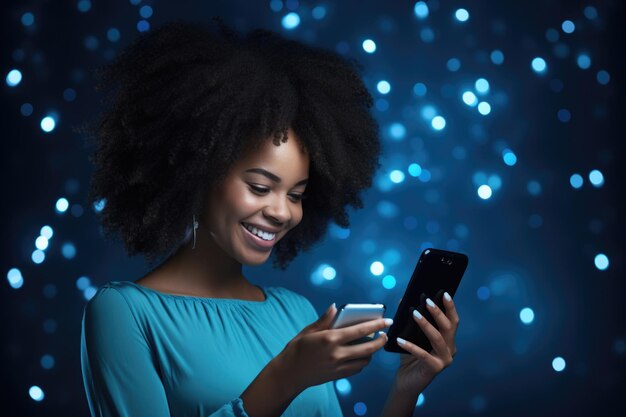 Foto imagem horizontal de uma feliz mulher afro-americana de pele escura que gosta de comunicação móvel e moderna