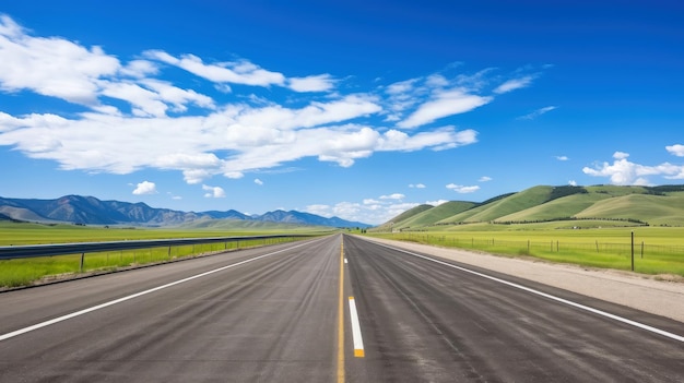 Imagem ilustrativa da paisagem com estrada secundária, estrada de asfalto vazia sobre fundo de céu azul nublado. Imagem horizontal vibrante multicolorida ao ar livre, ilustração de IA generativa