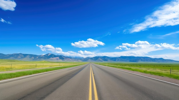 Imagem ilustrativa da paisagem com estrada secundária, estrada de asfalto vazia sobre fundo de céu azul nublado. Imagem horizontal vibrante multicolorida ao ar livre, ilustração de IA generativa