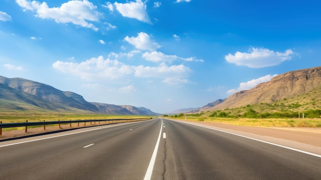 Imagem ilustrativa da paisagem com estrada secundária, estrada de asfalto vazia sobre fundo de céu azul nublado. Imagem horizontal vibrante multicolorida ao ar livre, ilustração de IA generativa