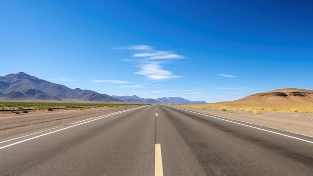 Imagem ilustrativa da paisagem com estrada secundária, estrada de asfalto vazia sobre fundo de céu azul nublado. Imagem horizontal vibrante multicolorida ao ar livre, ilustração de IA generativa