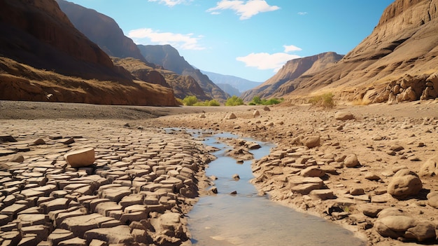 Foto imagem impressionante de um leito de rio secado mostrando os efeitos da mudança climática nos recursos hídricos