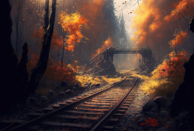 Imagem impressionante de uma ferrovia em uma floresta no outono