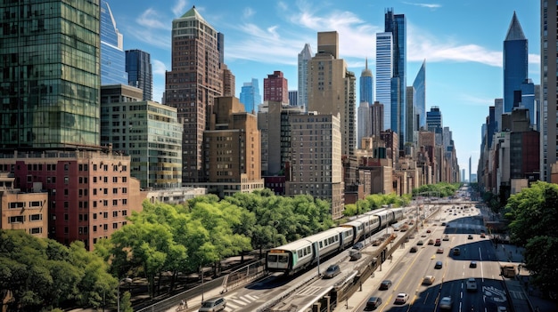 imagem impressionante que oferece uma perspectiva aérea de uma cidade americana com tráfego navegando perfeitamente pela imponente paisagem urbana