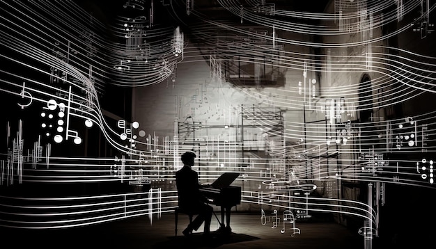 Imagem inovadora onde os obturadores das câmeras se transformam em notas musicais tocando uma sinfonia
