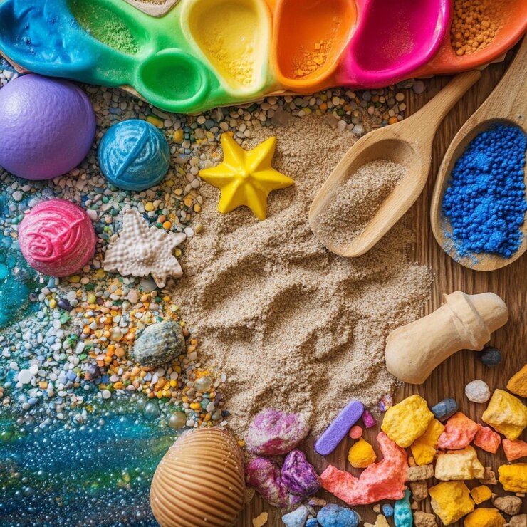 Foto imagem instantânea de uma atividade de brincadeira sensorial com materiais como água de areia ou itens texturizados