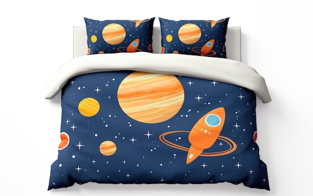 Imagem Isolada De Conjunto De Cama Com Tema Espacial Isolado Em Fundo Branco