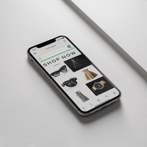 Imagem isolada de um smartphone com uma página inicial de compras on-line em um fundo branco