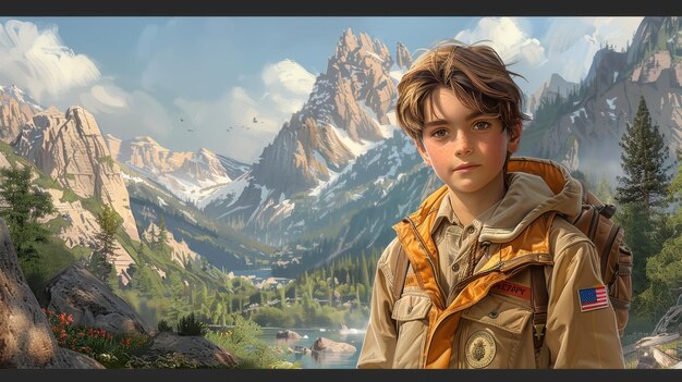 Imagem isolada de Young Boy Scout em fundo branco Video Game39s CG Artwork Concept Illustrations Cartoon Style Backgrounds and Character Design