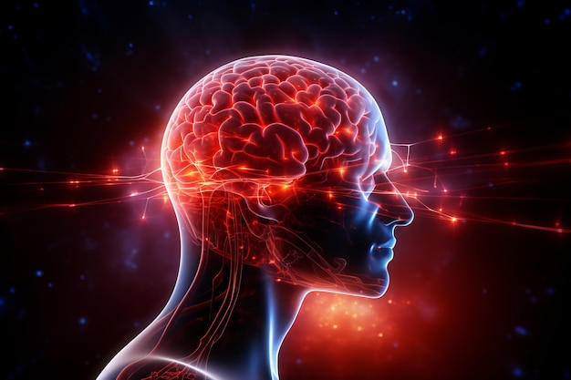 Imagem lateral 3D da cabeça humana com rede cerebral luminosa atividade elétrica flashes e relâmpagos em fundo preto processo de pensamento conexões neurais conceito de doenças cerebrais de saúde mental