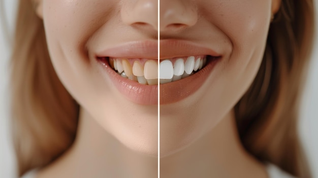 Imagem lateral de um sorriso de uma mulher antes e depois do branqueamento dos dentes