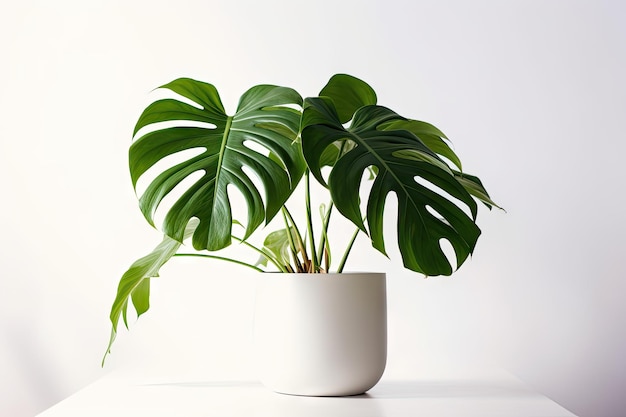 Imagem limpa de uma grande planta de casa de folha Monstera deliciosa em uma panela cinza em um fundo branco