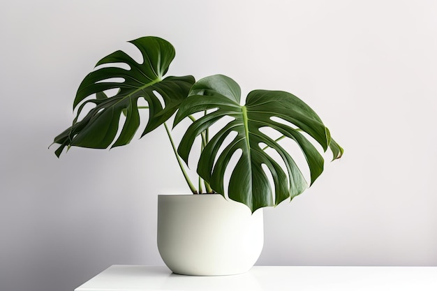 Imagem limpa de uma grande planta de casa de folha Monstera deliciosa em uma panela cinza em um fundo branco