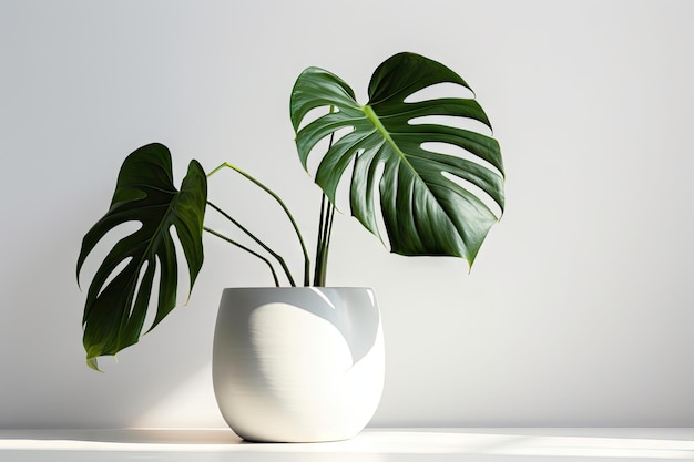 Imagem limpa de uma grande planta de casa de folha Monstera deliciosa em uma panela cinza em um fundo branco