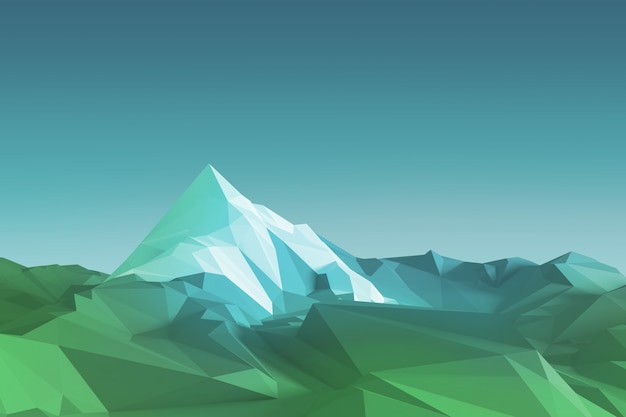 Imagem low-poly de uma montanha com uma geleira branca no topo. Ilustração 3D