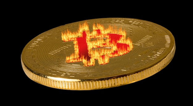 Imagem macro de bitcoin única isolada contra preto