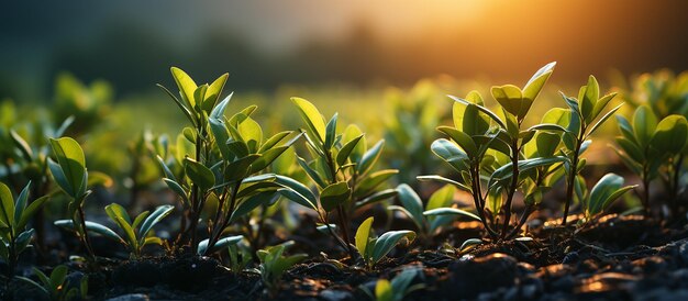 Imagem macro de um belo jardim de chá ecológico com detalhes exuberantes