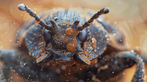 Imagem macro de um besouro do deserto mostrando as pequenas protuberâncias ranhuradas que lhe permitem coletar água