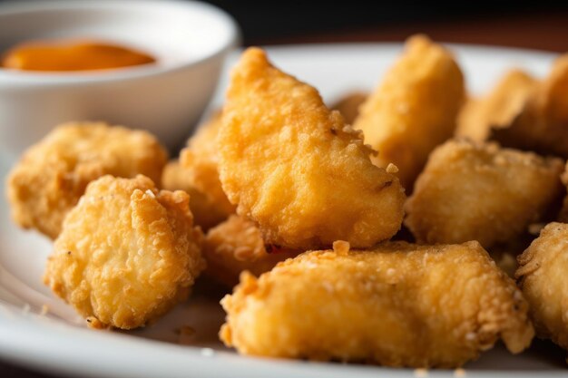 Imagem macro de um nugget de peixe-gato frito crocante e escamoso servido como aperitivo com um molho picante